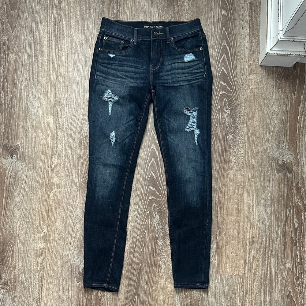 Express Distressed Dark Blue Women's Jeans Size 0 Mid Rise Legging
